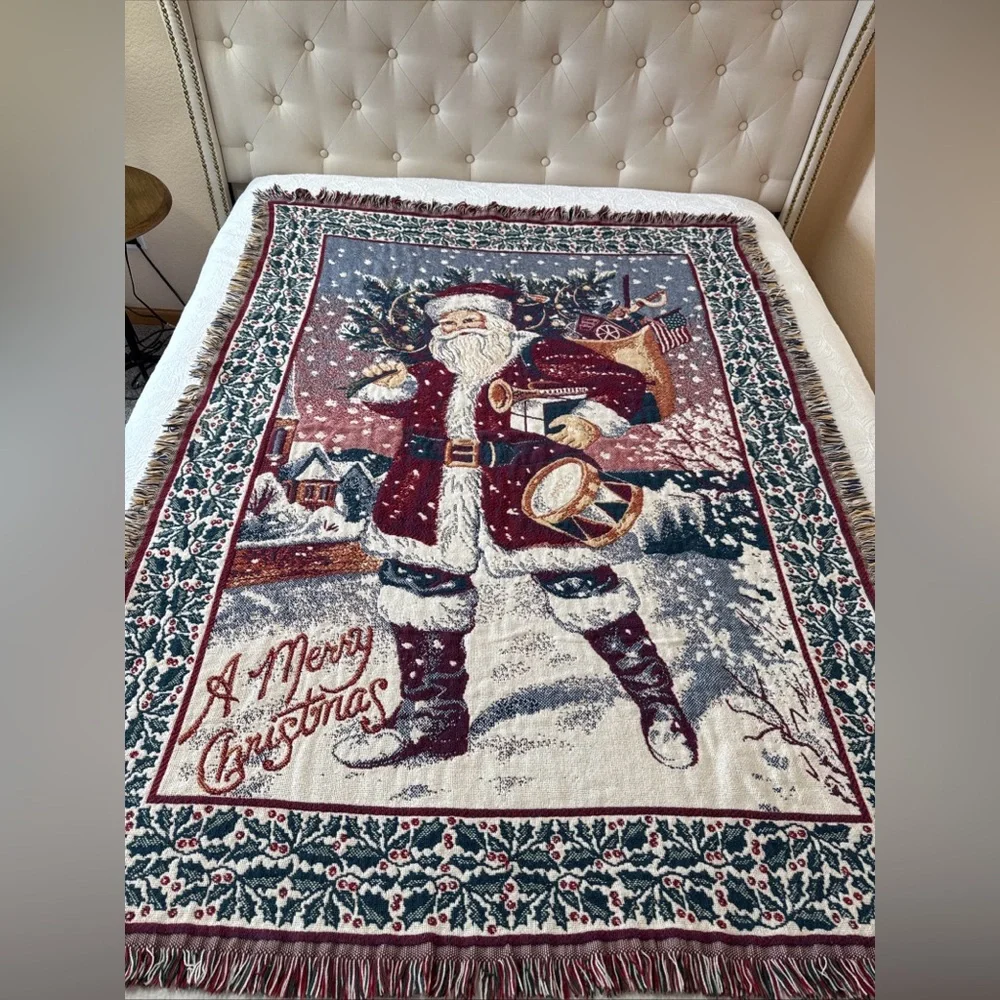 Vintage Coming Home Santa Clause Saint Nick Merry Christmas Tapestry Throw 44x62